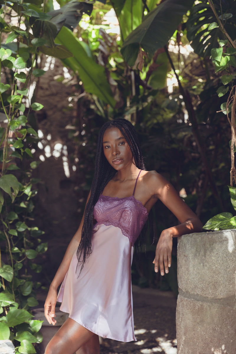 Mauve silk chemise by NK IMODE, Raquel feminine lounge swing nightgown with delicate straps and smooth, flowing fabric.