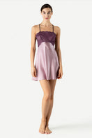 NK IMODE Raquel feminine lounge silk chemise in mauve, front view showing smooth satin fabric and elegant nightgown design.