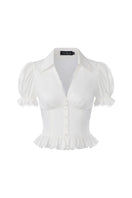 White Raven puff sleeve top by Nana Jacqueline, front view showing stylish design and feminine silhouette.