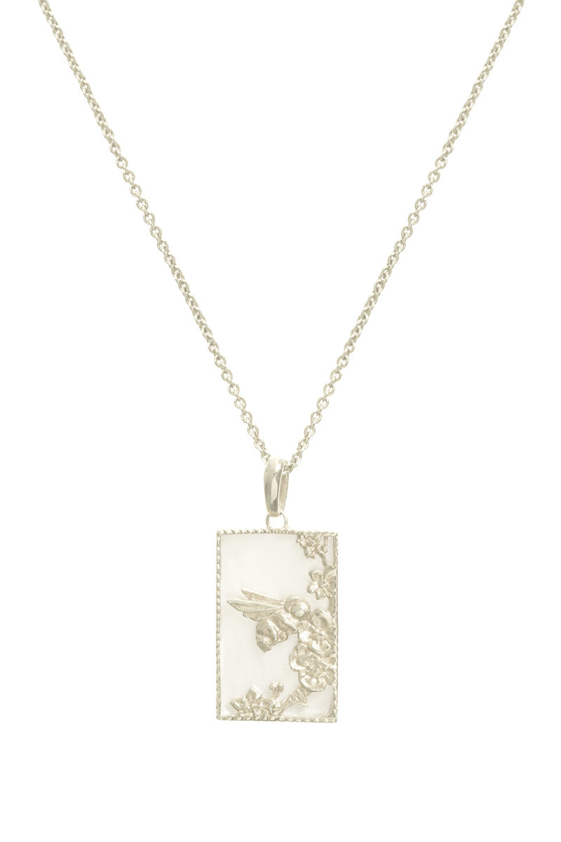 Sterling silver rectangle bee necklace by Freya Rose featuring a sleek, modern design with detailed bee charm.