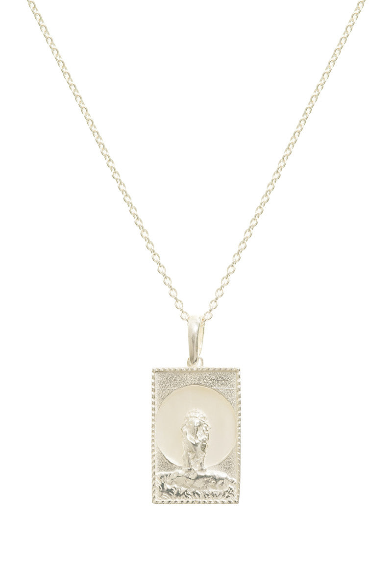 Sterling silver rectangle lion necklace by Freya Rose featuring a detailed lion pendant on a sleek chain.