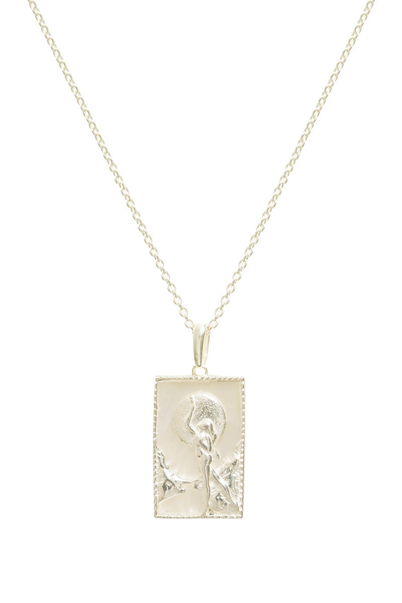 Sterling silver rectangle woman and moon necklace by Freya Rose, featuring a sleek geometric pendant with celestial design.