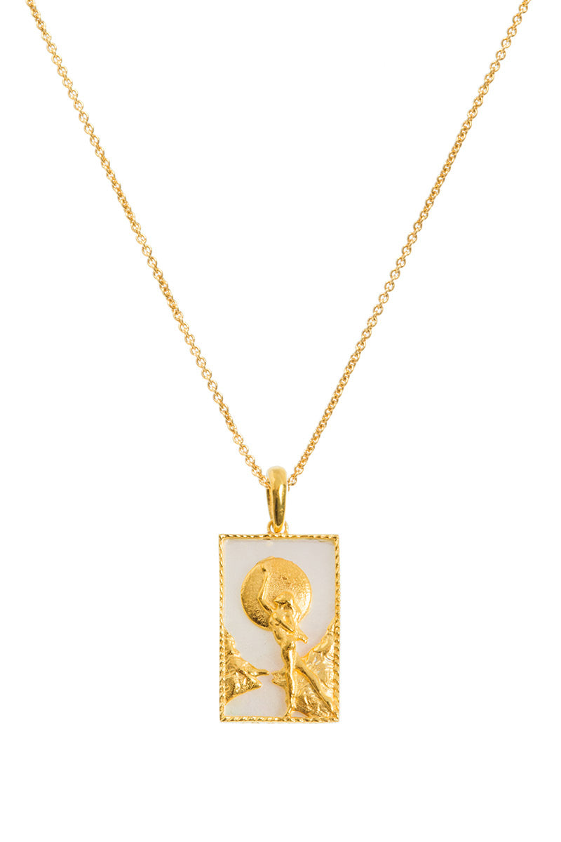 Gold vermeil rectangle and moon pendant necklace for women by Freya Rose, elegant jewelry with a modern design.