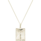 Sterling silver rectangle woman and sun necklace by Freya Rose featuring a sleek rectangular pendant with a sun motif.