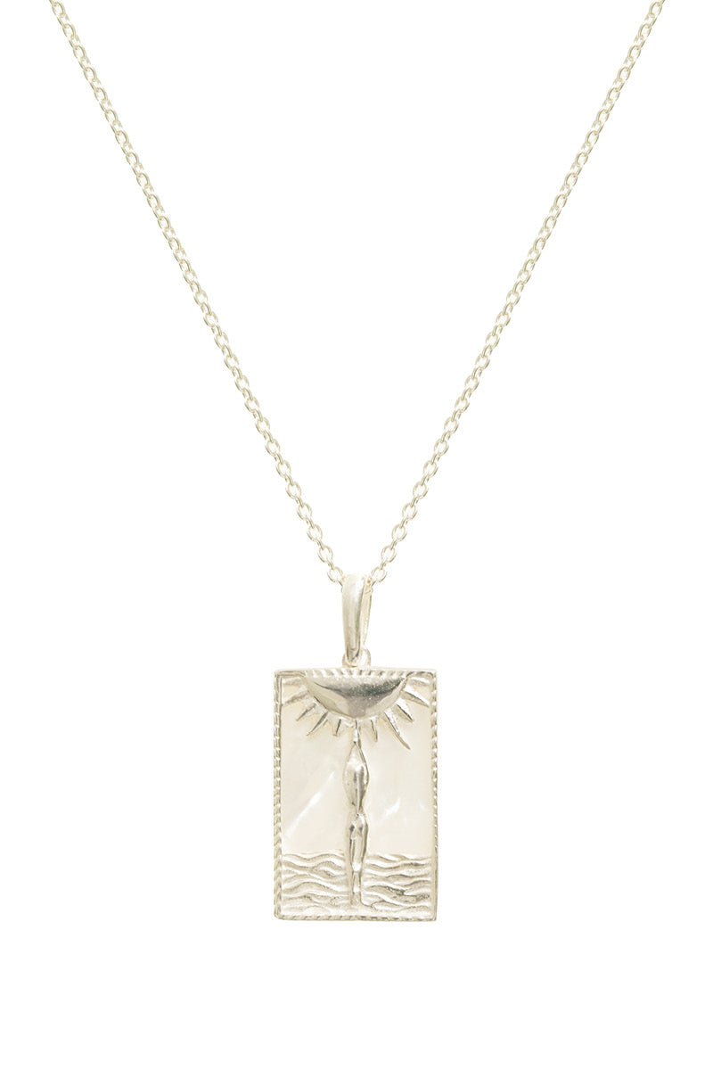 Sterling silver rectangle woman and sun necklace by Freya Rose featuring a sleek rectangular pendant with a sun motif.