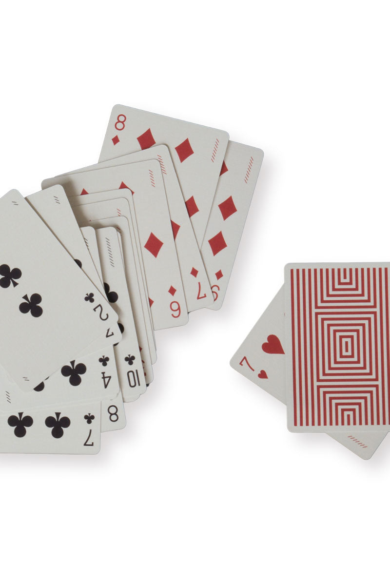 Red leather playing card set in a Moroccan style design by Throwing Doubles, perfect for games and card enthusiasts.
