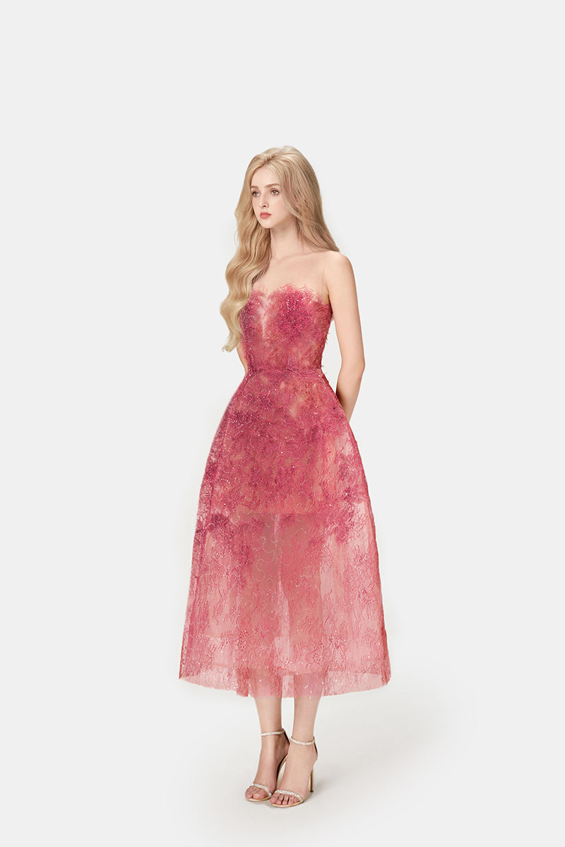 Red beaded lace midi dress by Montsand featuring intricate beadwork and elegant lace fabric, perfect for formal occasions.