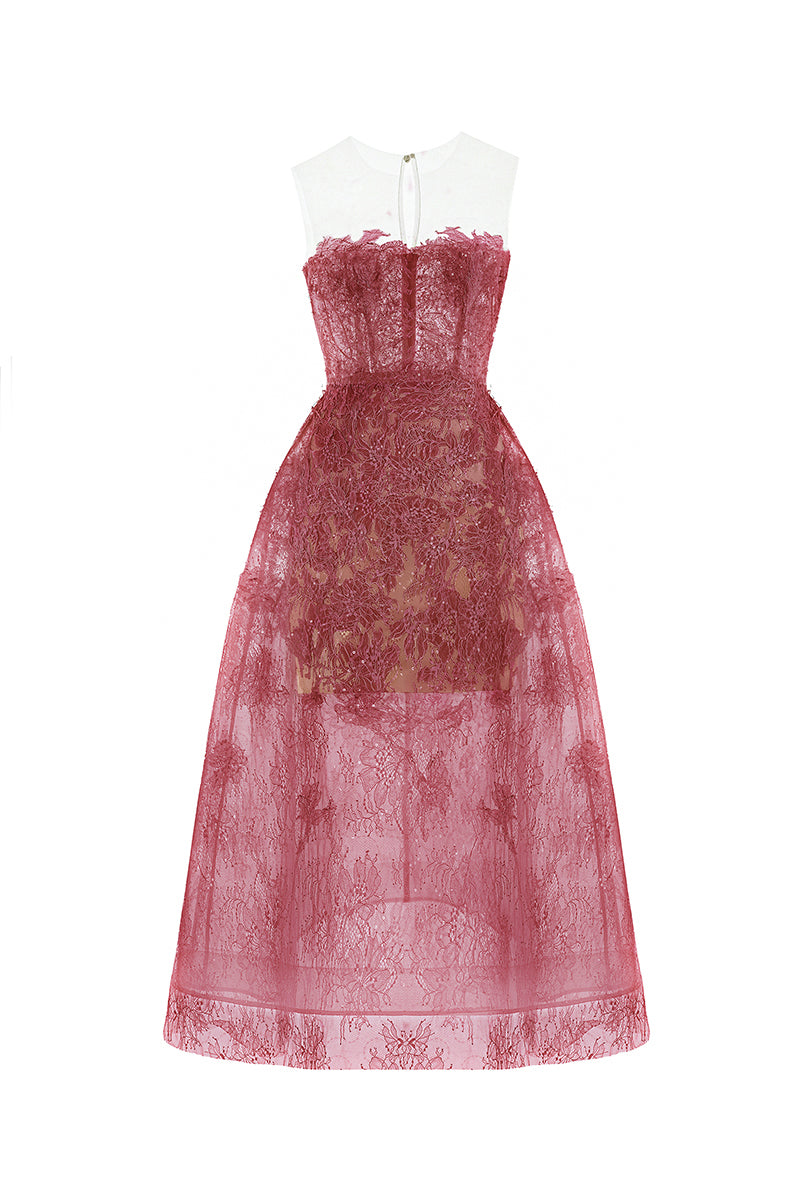 RED BEADED LACE MIDI DRESS - CULT MIA