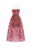Red beaded lace midi dress by Montsand, featuring intricate beadwork and elegant lace fabric, perfect for formal occasions.