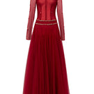 Red bodycon long-sleeved organza gown by Happy Clothing, featuring a fitted design and flowing maxi length in vibrant red.