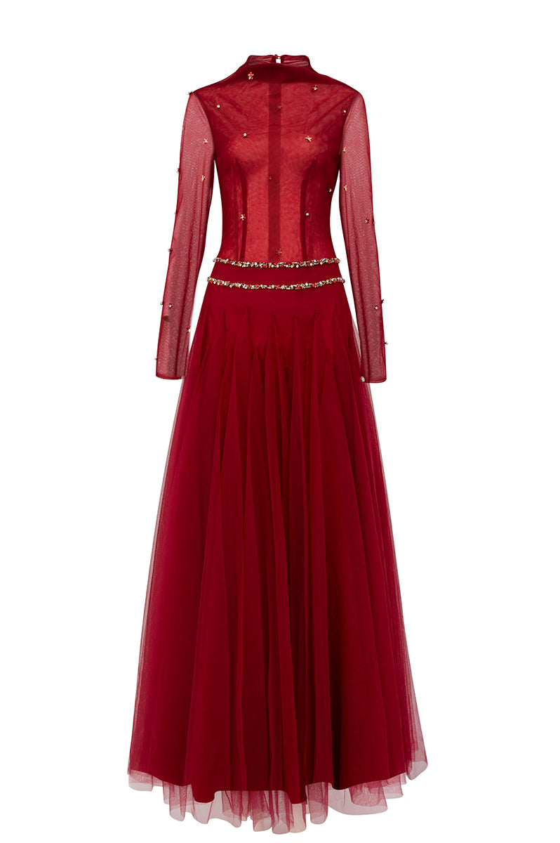 RED BODYCON LONG SLEEVED ORGANZA MAXI DRESS IN RED - CULT MIA