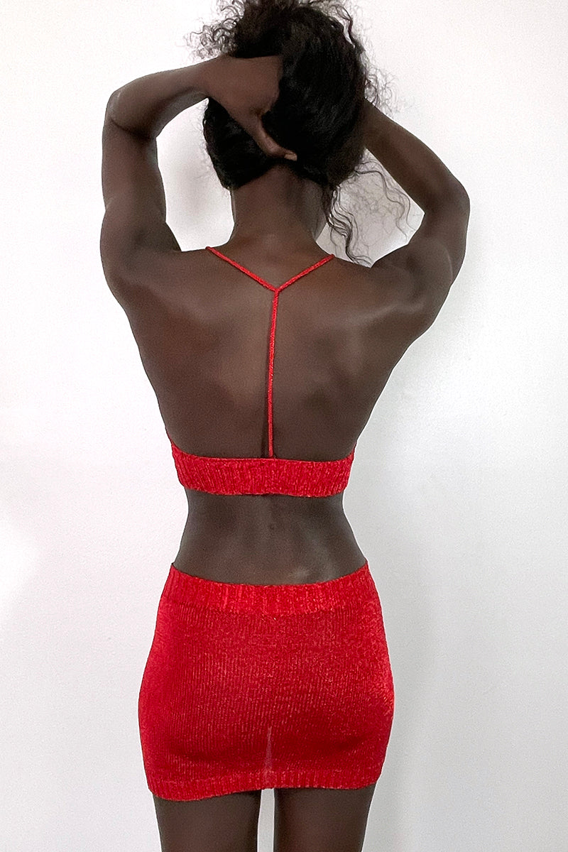 RED SPARKLY KNIT MINI SKIRT - CULT MIA