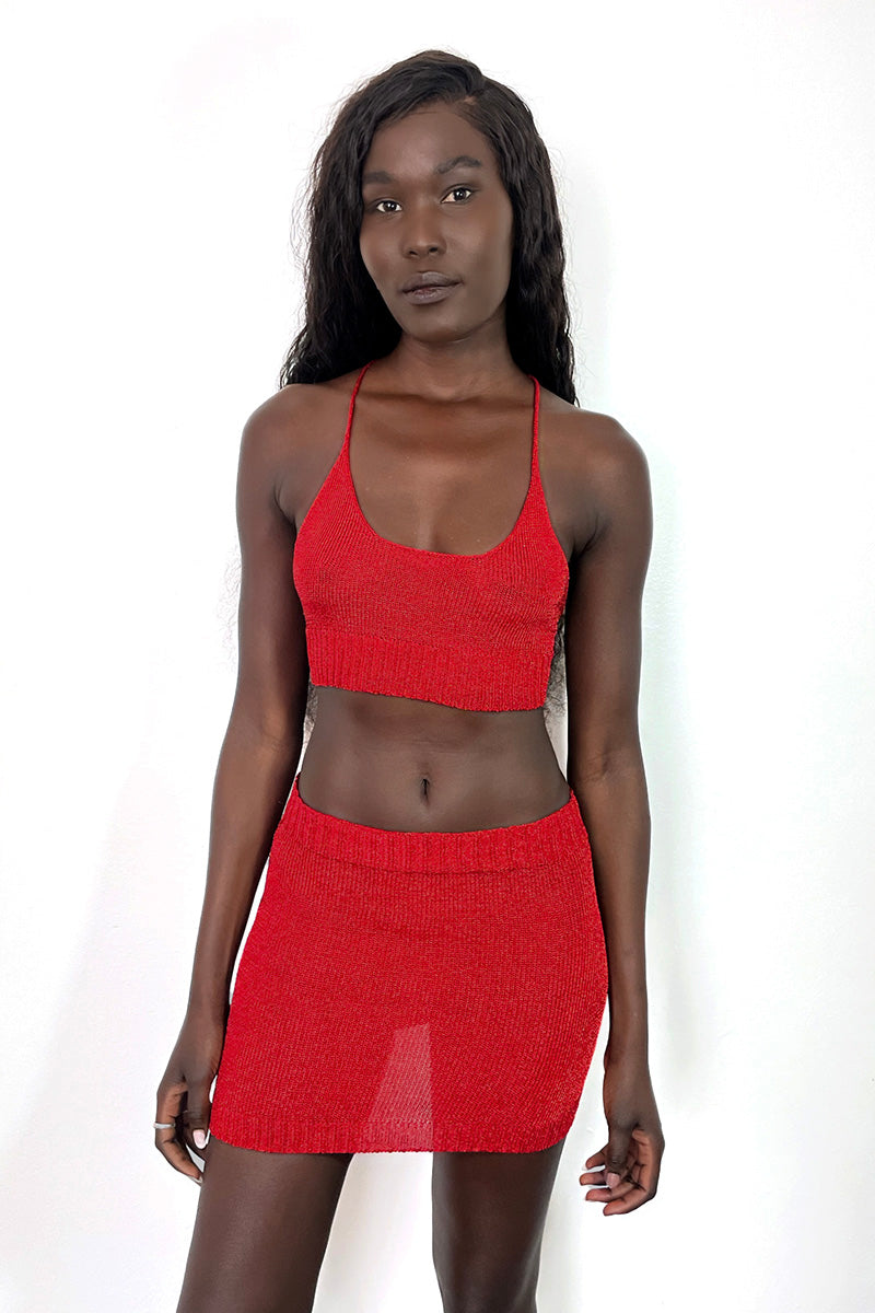 RED SPARKLY KNIT MINI SKIRT - CULT MIA