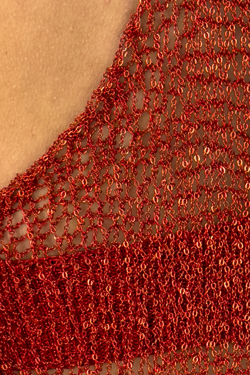 Red chain racerback top with bralette detail by Natalia Fedner, featuring a bold red color and intricate chain design.