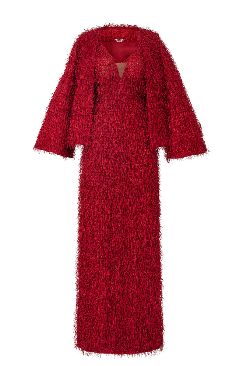 RED FEATHER CAPE MAXI SET IN RED - CULT MIA