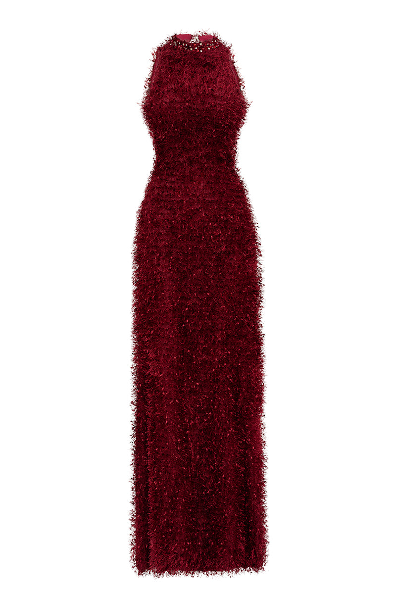 RED FEATHER MAXI DRESS IN RED - CULT MIA