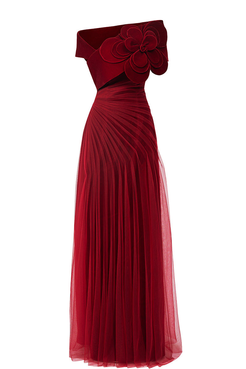 RED ROSE ONE-SHOULDER MAXI DRESS IN RED - CULT MIA