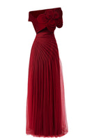 Red rose one-shoulder gown by Happy Clothing, featuring a flowing floor-length red dress with elegant shoulder design.