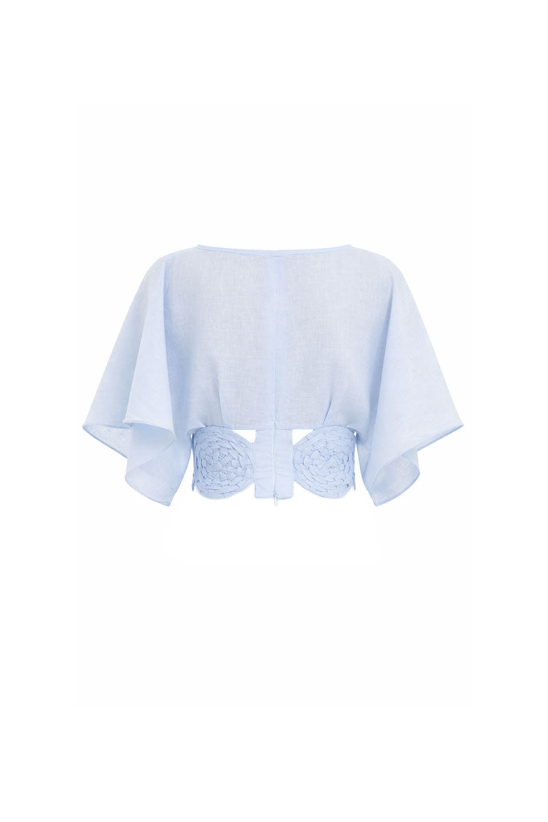 Baby blue Redondo top by Maylé Vásquez, shown in a stylish, fitted design with soft fabric and a round neckline.