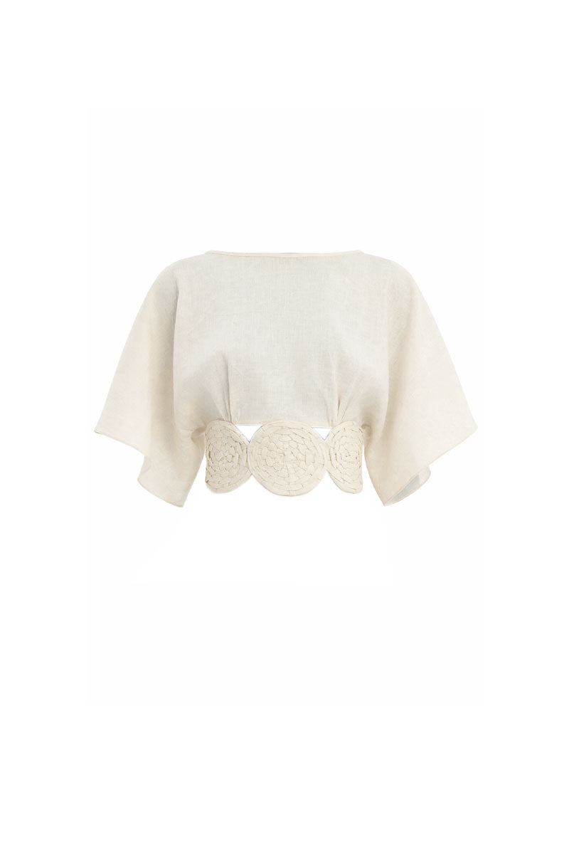Off-white Redondo Top by Maylé Vásquez featuring a fitted design and short sleeves, shown on a white background.
