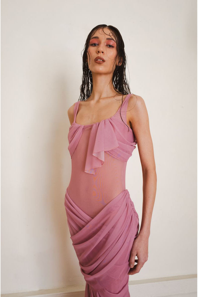 Front close-up of YASSMIN SALEH Reflection gown in pink, showcasing its elegant maxi dress design.