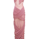 Pink Reflection gown by Yassmin Saleh, elegant maxi dress with a flowing silhouette and ghostly front detail.