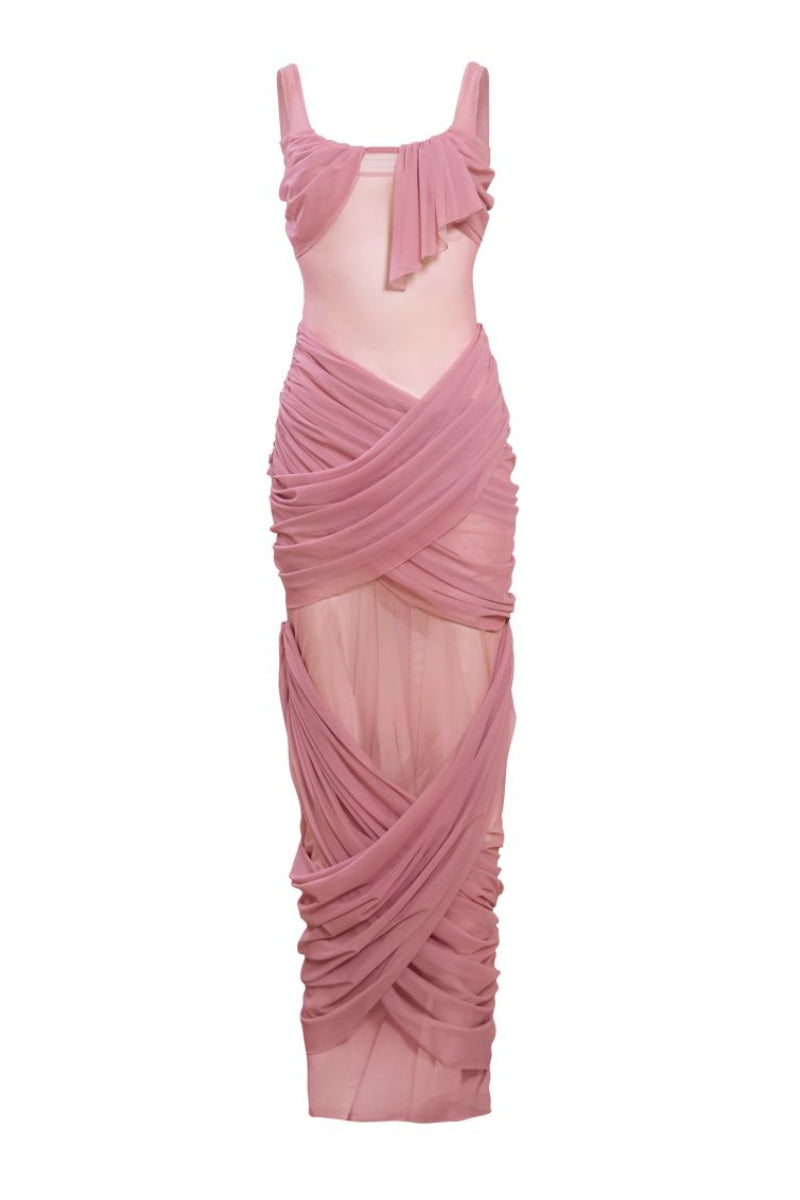Pink Reflection gown by Yassmin Saleh, elegant maxi dress with a flowing silhouette and ghostly front detail.
