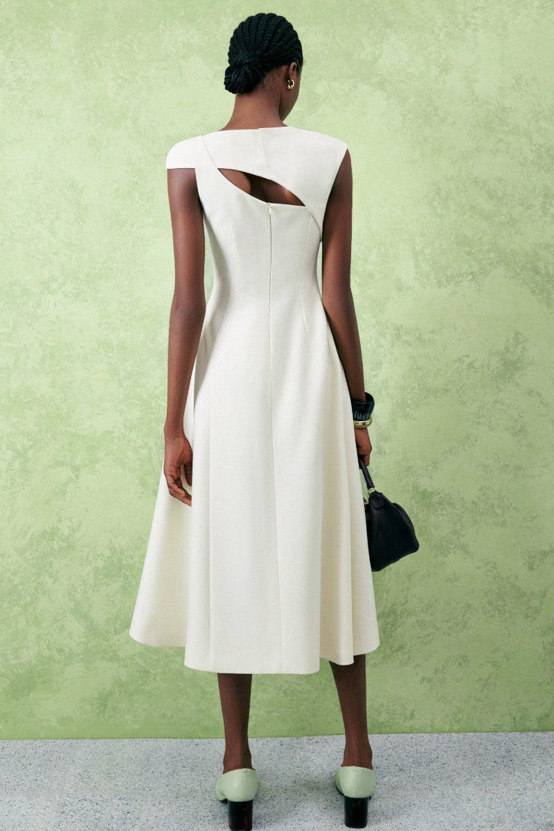 HOLLYHOCK A-LINE CUT-OUT CREPE MIDI DRESS IN WHITE | CULT MIA | LECIA HOLLYHOCK A-LINE CUT-OUT CREPE MIDI DRESS IN WHITE | CULT MIA | LECIA