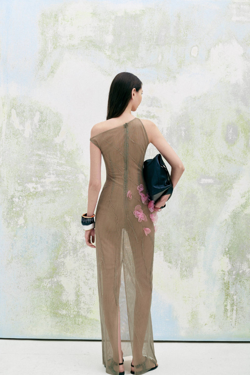 BLOSSOM SHEATH DIAGONAL NECK TULLE FLOOR LENGTH DRESS | CULT MIA | LECIA BLOSSOM SHEATH DIAGONAL NECK TULLE FLOOR LENGTH DRESS | CULT MIA | LECIA
