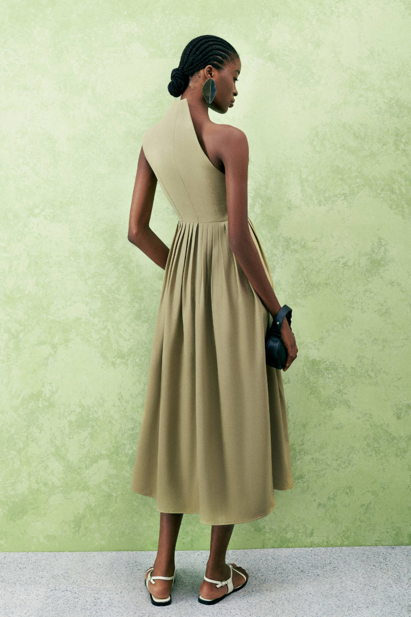 CROSSANDRA A-LINE WAIST PLEATED TWILL MIDI DRESS - CULT MIA