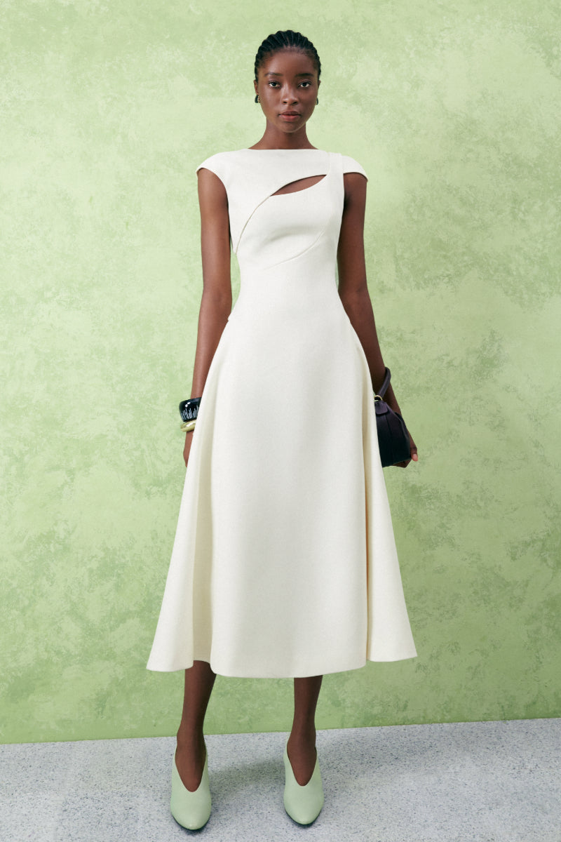 HOLLYHOCK A-LINE CUT-OUT CREPE MIDI DRESS IN WHITE - CULT MIA