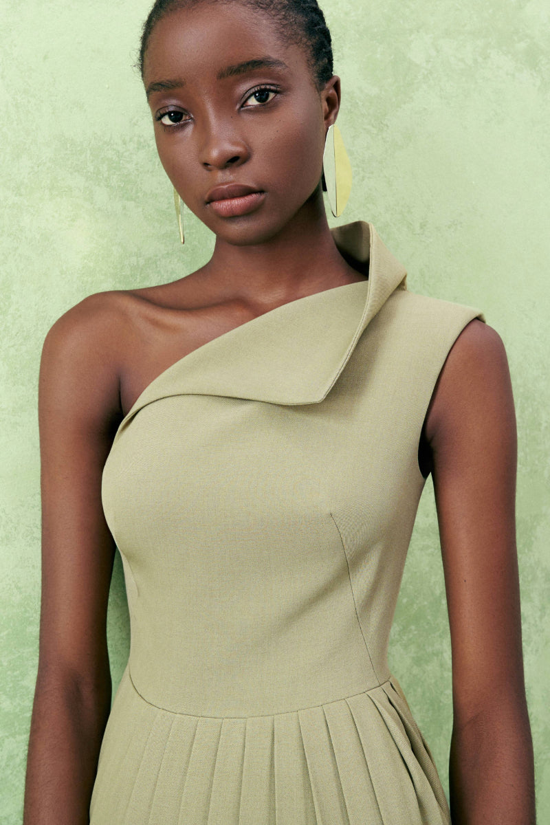 CROSSANDRA A-LINE WAIST PLEATED TWILL MIDI DRESS - CULT MIA