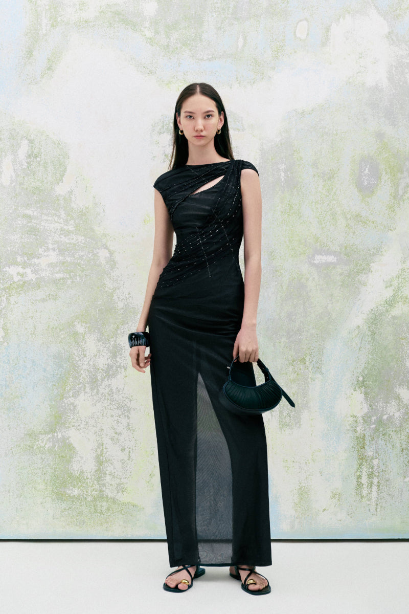 FRANCIS SHEATH BOAT NECK TULLE FLOOR LENGTH DRESS - CULT MIA