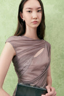 Black BALSAM BODYCON cap-sleeved tulle top by LECIA, form-fitting with sheer tulle fabric and elegant cap sleeves.