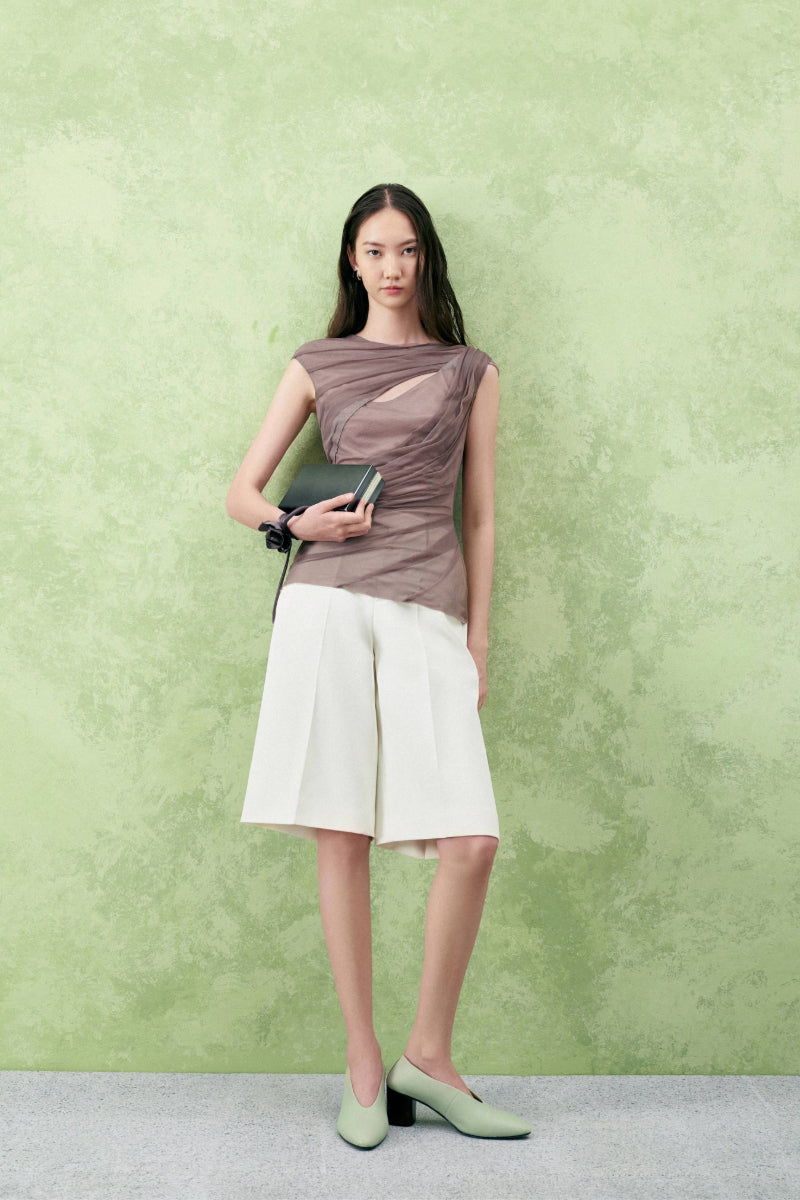 Lecia Balsam Bodycon Cap Sleeve Tulle Top featuring a fitted silhouette and elegant cap sleeves, shown in soft tulle fabric.