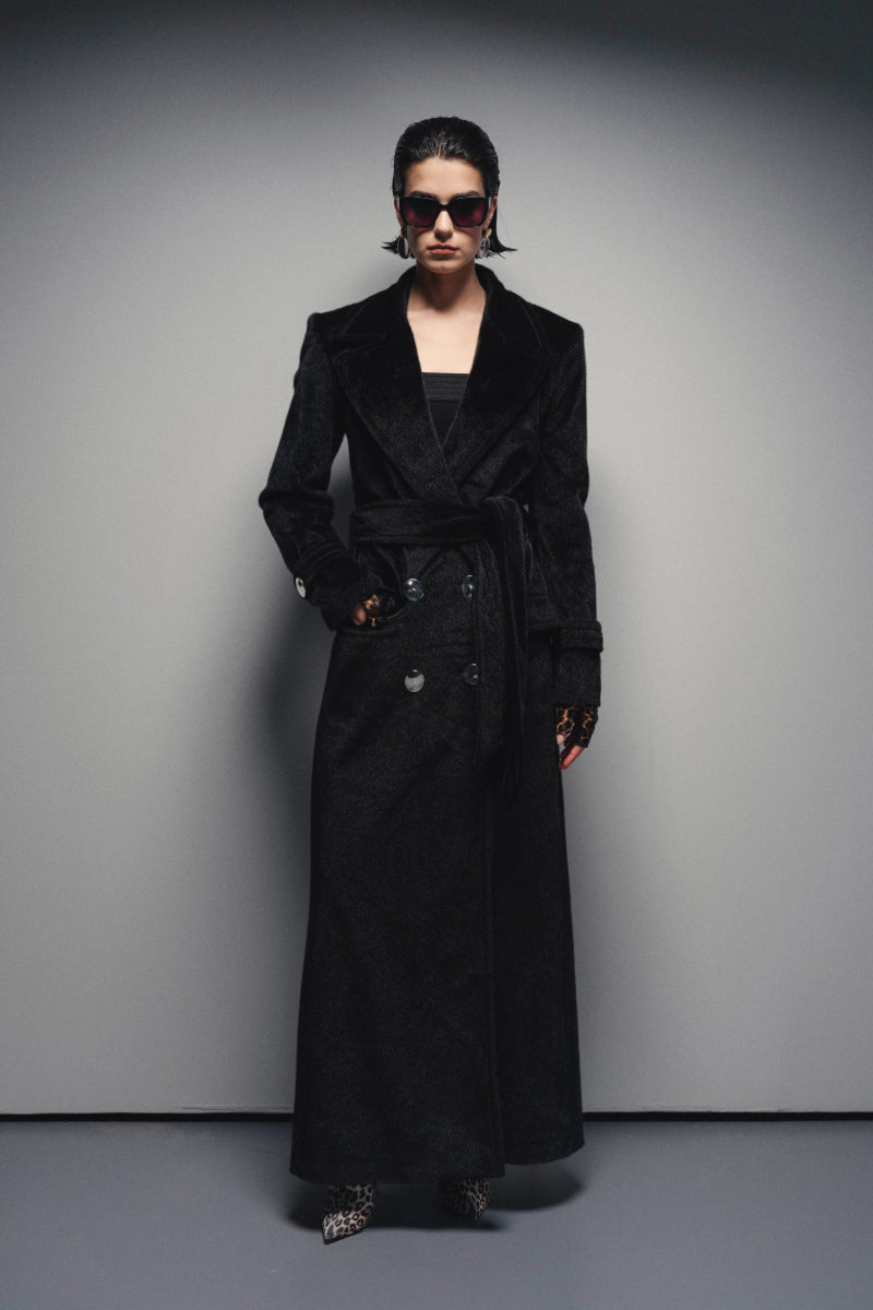 Nana Gotti Astor Allure Coat displayed on a hanger, featuring a stylish, tailored design in neutral fabric.