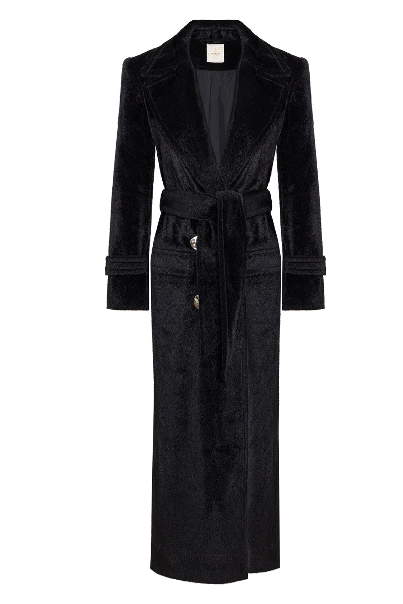 Nana Gotti Astor Allure Coat displayed on a hanger, showcasing a stylish, tailored coat with a sleek design and neutral color.