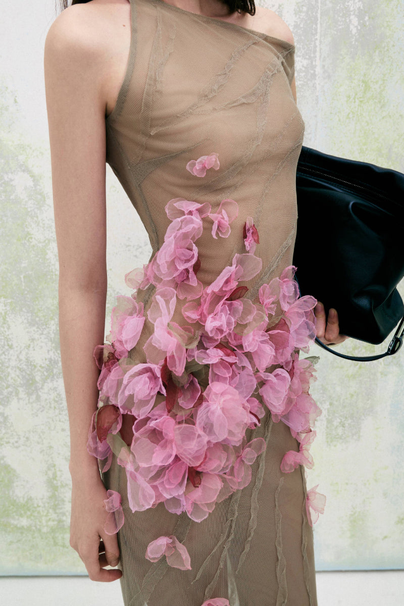BLOSSOM SHEATH DIAGONAL NECK TULLE FLOOR LENGTH DRESS - CULT MIA