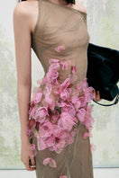 Lecia blossom sheath diagonal neck tulle floor-length maxi dress displayed on a model, showcasing elegant design and flowing fabric.