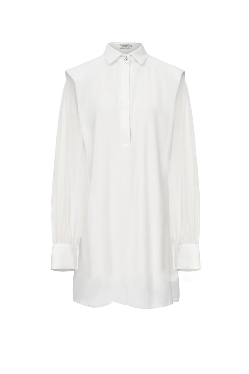 White crinkle chiffon shirt by EEGEN STUDIO featuring a loose fit with long sleeves and a classic collar.