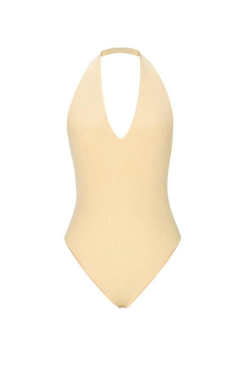 BEIGE DEEP-V HALTER TOP