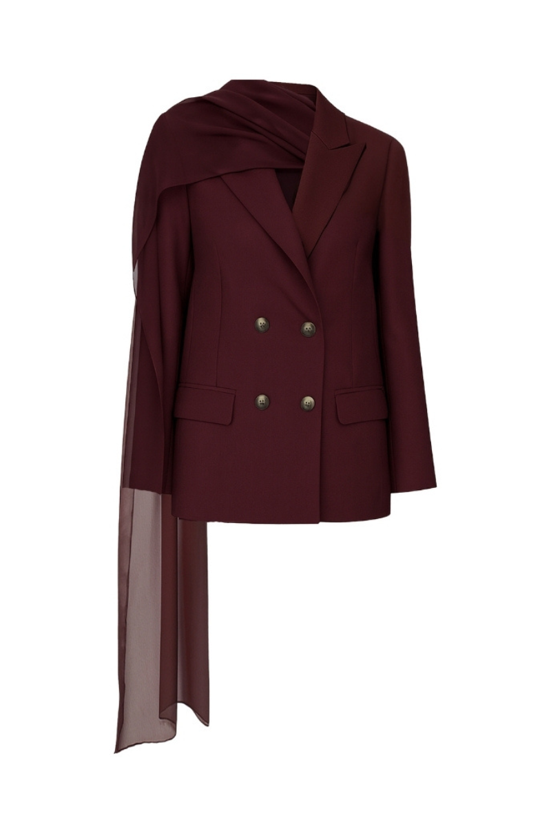 Nazlı Ceren Elodie Bordeaux jacket showing fitted design, long sleeves, and stylish collar in a rich burgundy color.