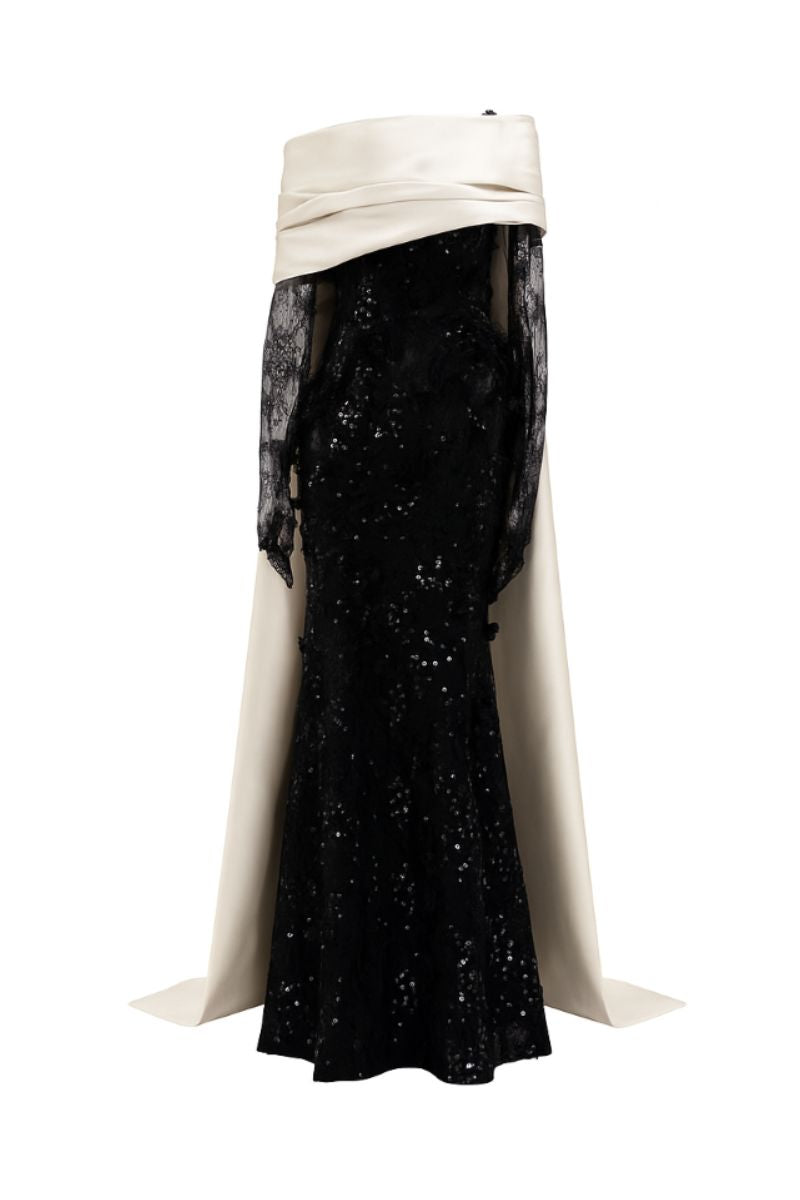 NARGES SEQUIN LACE AND SILK TAFFETA DRESS IN BLACK AND WHITE - CULT MIA