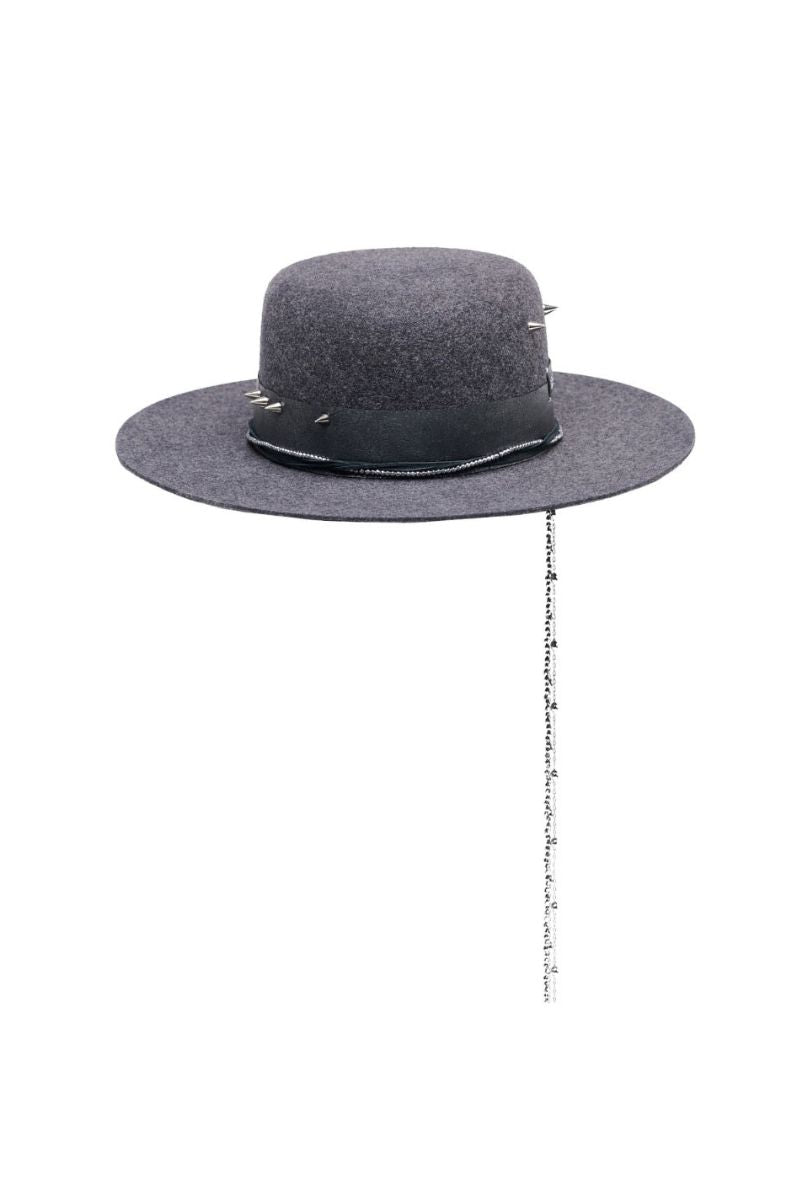 Silver gray canotier hat by LE SH KA featuring a wide brim and stylish woven design, perfect for fashionable summer wear.