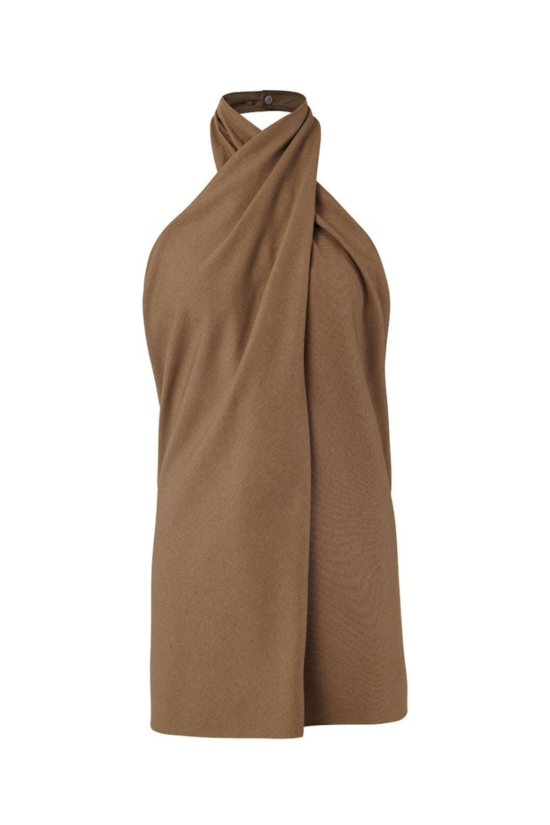 URBAY BEKY N camel top, stylish women's sleeveless blouse with a relaxed fit, featuring a scoop neckline and subtle seam details.