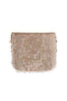 Hand-crochet mini skirt with sequin embellishments in mocha, designed by Mirel Prentice, featuring intricate detailing and a fitted silhouette.