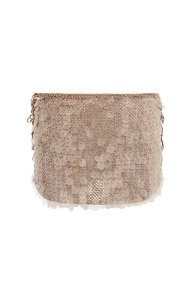 Hand-crochet mini skirt with sequin embellishments in mocha, designed by Mirel Prentice, featuring intricate detailing and a fitted silhouette.