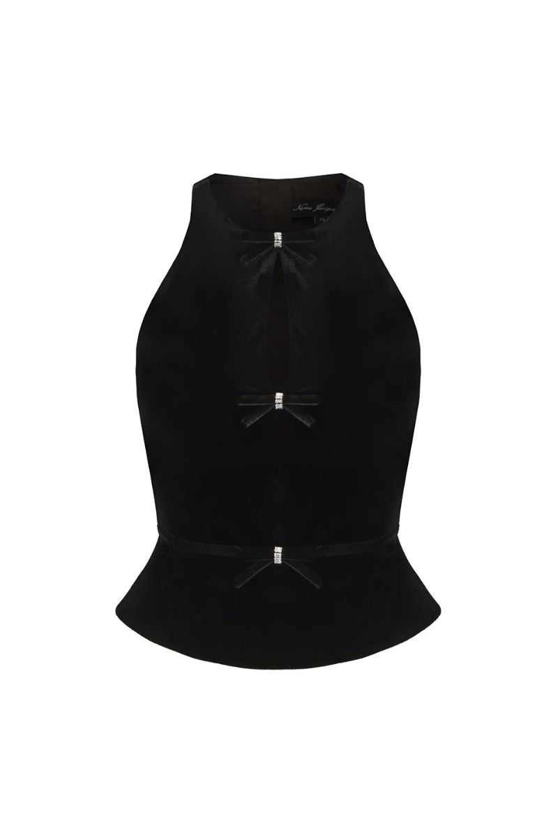 Black Nana Jacqueline Estelle velvet top, front view showing fitted design and soft velvet fabric.