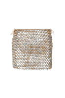 Bronze mini skirt by Mirel Prentice featuring hand-crocheted pearl embellishments, close-up of textured fabric and intricate details.