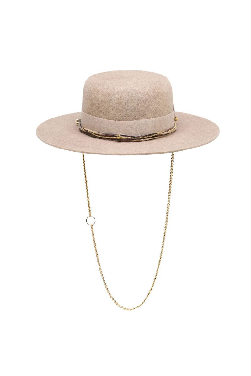 Beige gold canotier hat from LE SH KA featuring a wide brim and stylish design, perfect for sun protection and fashion.